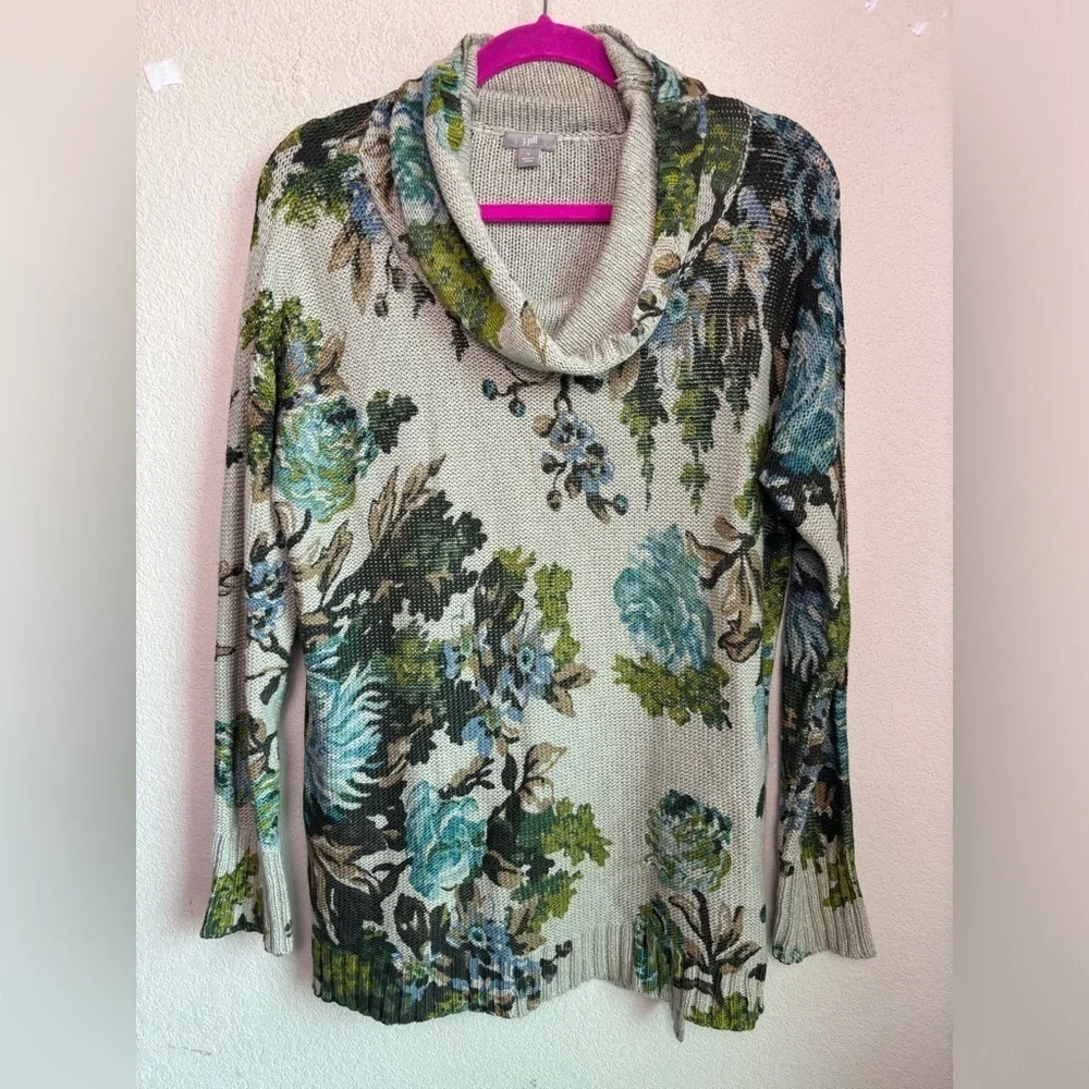 J. Jill Beige Blue Floral Cowl Neck Tunic Length Pullover Sweater S